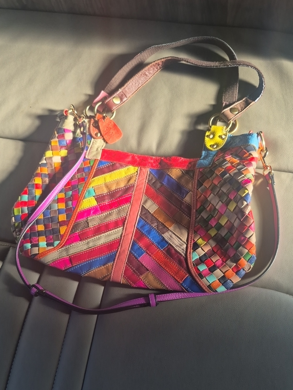 AmeriLeather Multicolor Woven Leather Shoulder Patchwork Bag